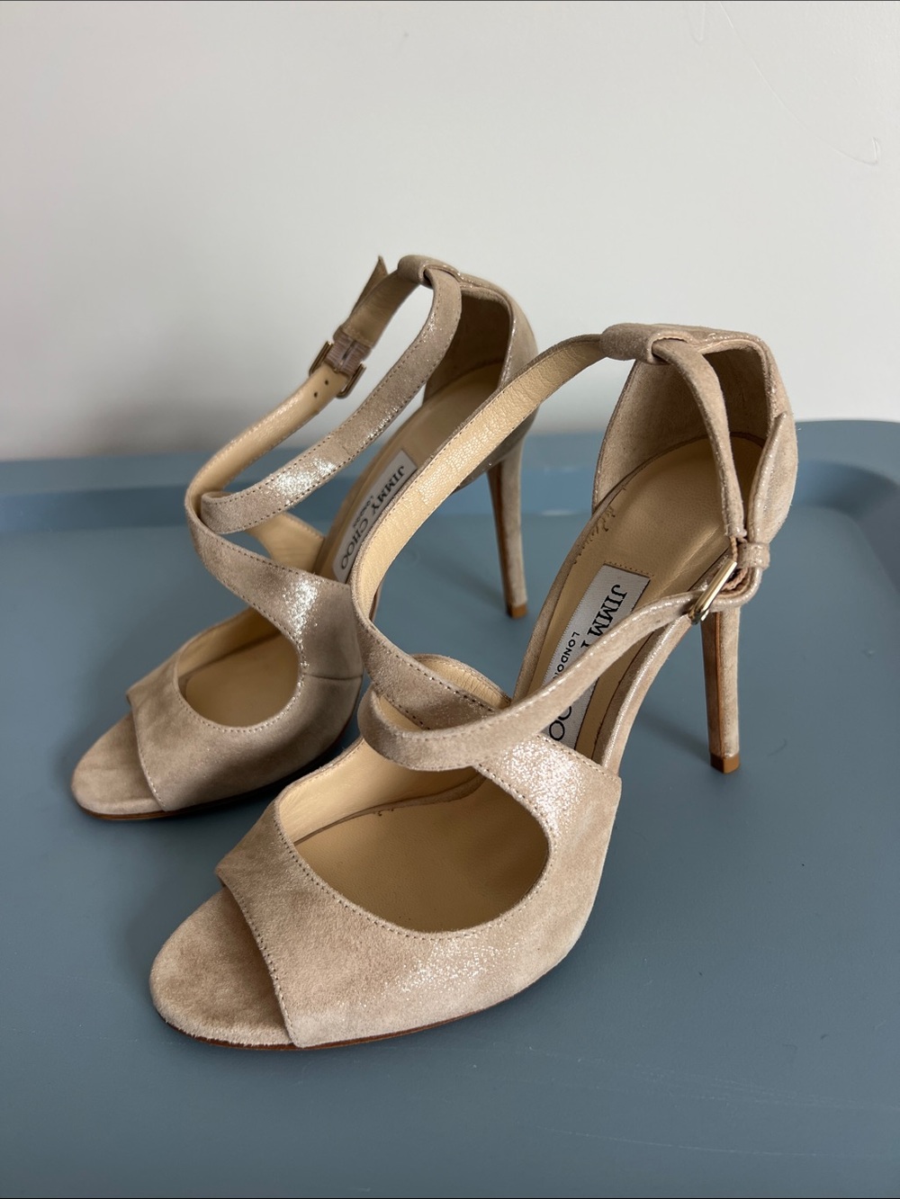 Jimmy Choo emily 85 open toe heels criss cross strappy sandals champagne glitter